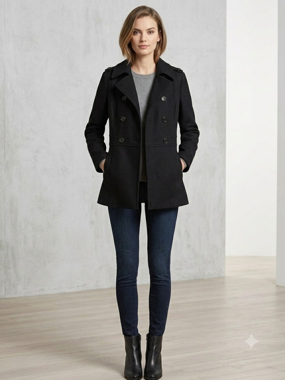 MICHAEL Michael Kors Black Wool Blend Double-Breasted Peacoat Jacket Size Small